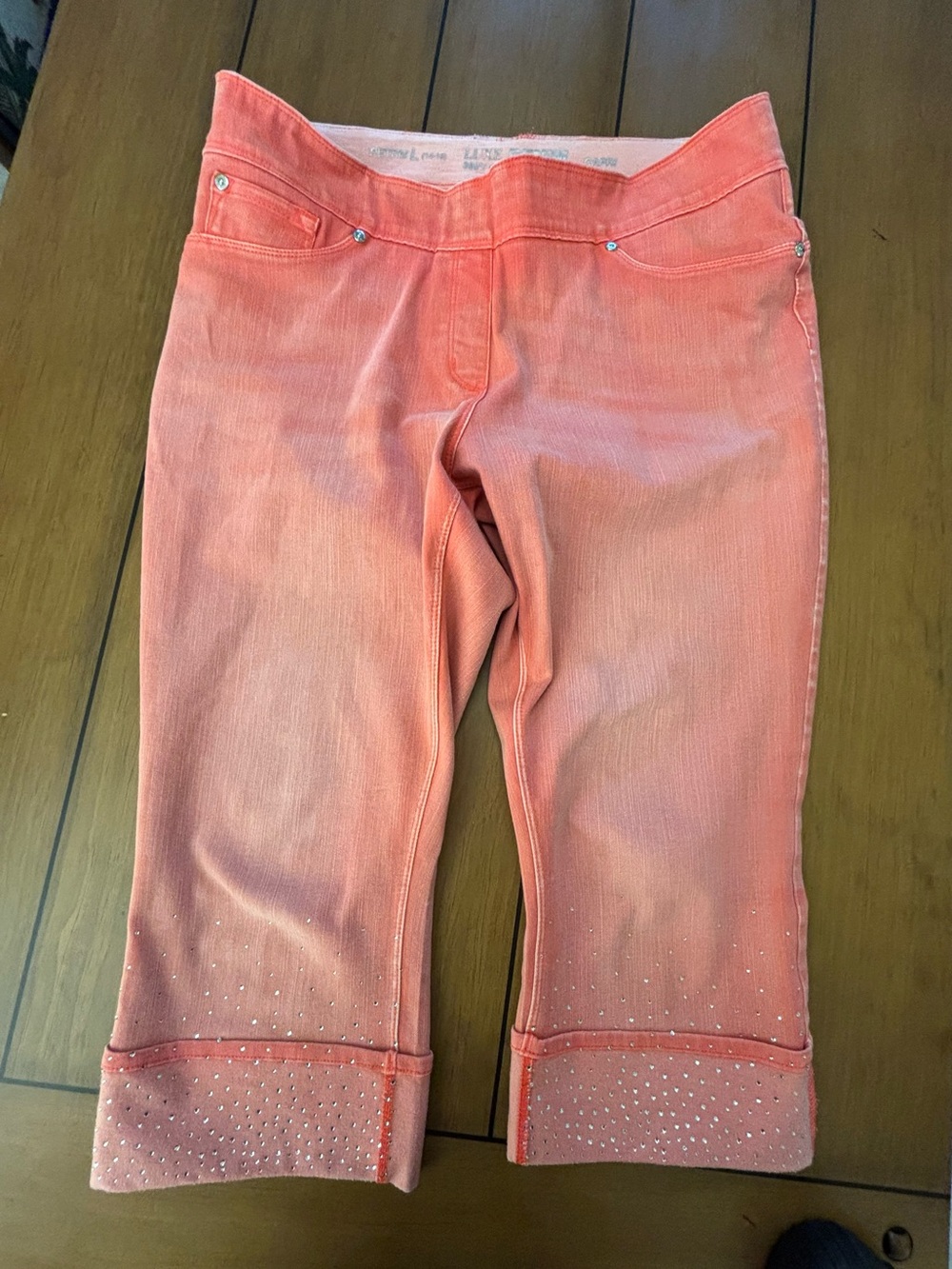 Coral Capri Jeans with Rhinestone Hem